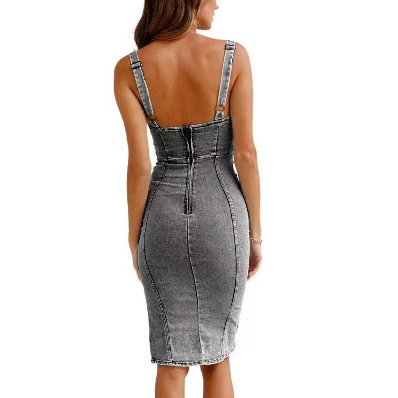 Casual Style Suspender Dress Denim Dress