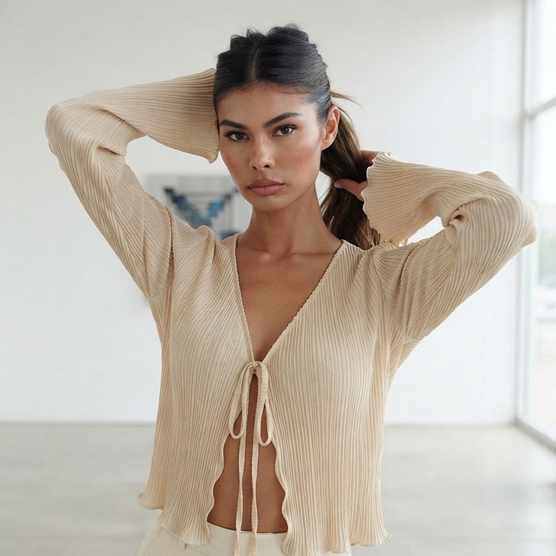 elegant pleated long - sleeved women's shirt